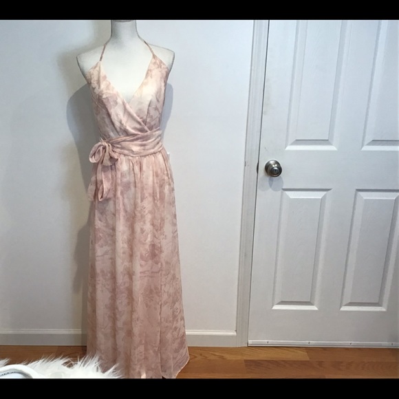 CEREMONY JOANNA AUGUST BOHO HALTER WRAP MUTED PINK FLORAL CHIFFON MAXI DRESS SM - Picture 2 of 11
